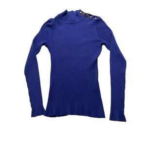 International Concepts Women's XL Extra Large Blue Ribbed Mock Neck Gold Button